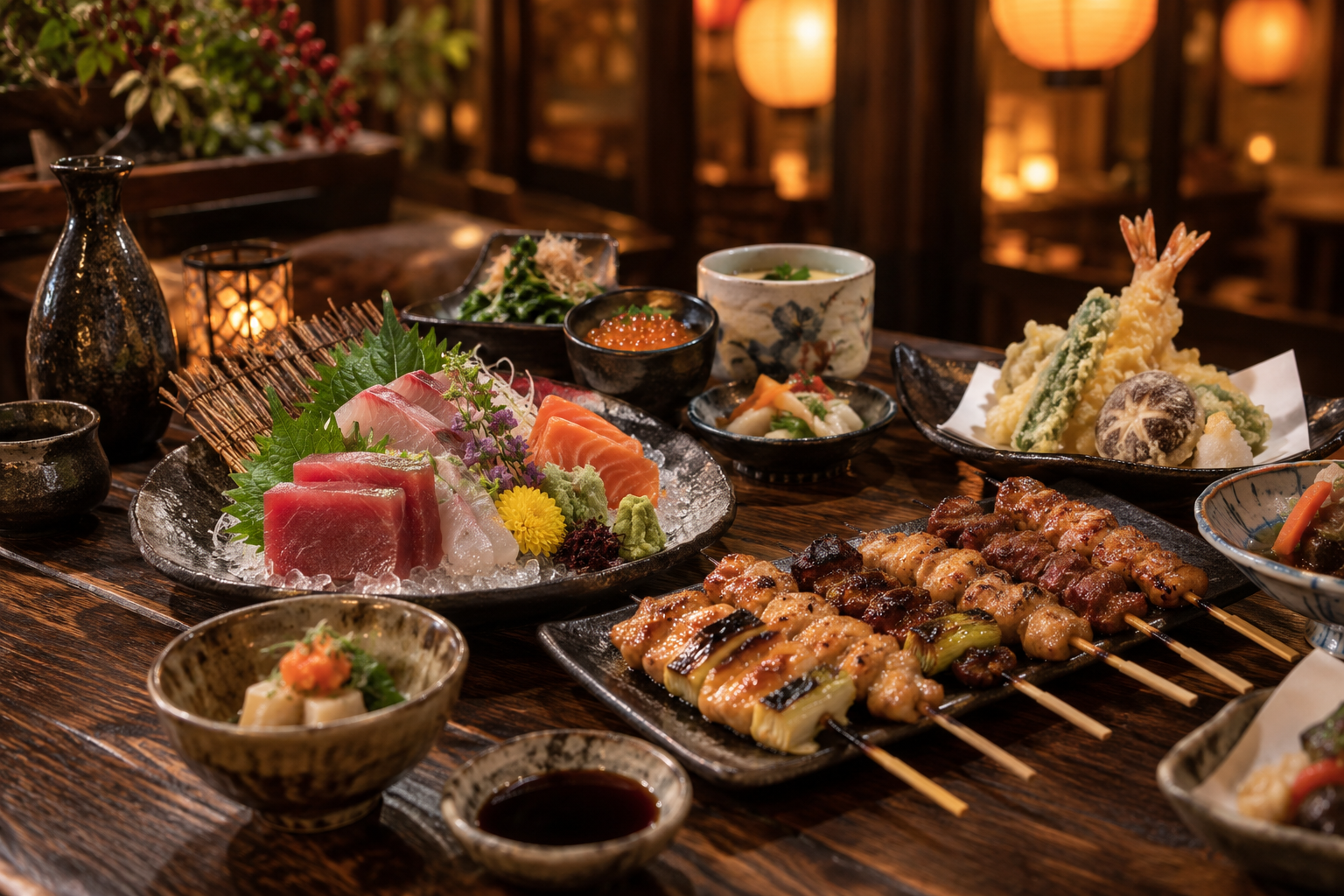 刺身や炭火焼が並ぶ宴会料理のAI生成イメージ